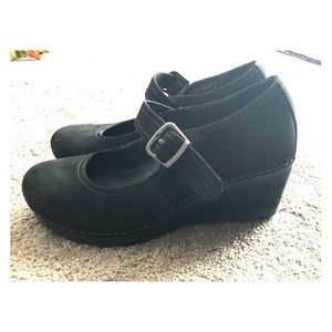 Black Suede Dansko Mary Janes w/ Wedge Heel